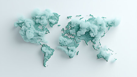 World map made of turquoise smoke on white background. 3D renderingの写真素材