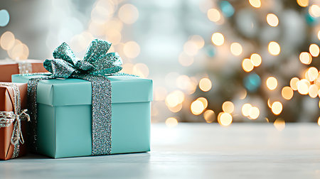Gift boxes on bokeh background. Christmas and New Year concept.の写真素材