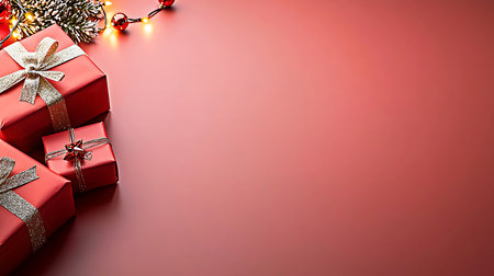 Christmas background with red gift boxes and lights on a red background.の写真素材