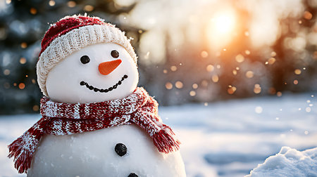 Funny snowman in red hat and scarf on snowy background.の写真素材