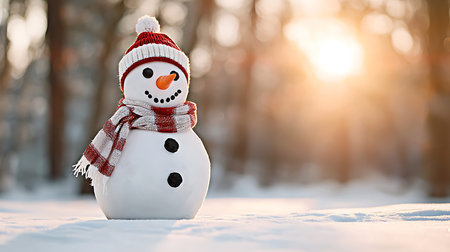 Snowman in the winter forest at sunset. Christmas and New Year concept.の写真素材