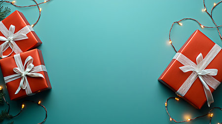 Christmas background with red gift boxes, garland lights and copy spaceの写真素材