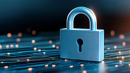3d illustration of blue padlock over circuit board background. cyber security concept