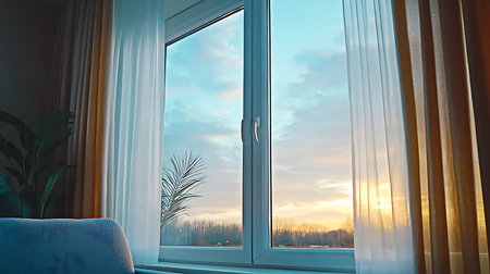 View from the window to the sunset through the window with a blue armchair