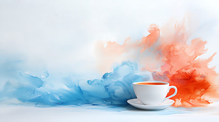 Cup of tea on abstract watercolor background with copyspaceの写真素材