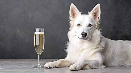 White Swiss Shepherd Dog with a glass of champagne in front of grey backgroundの写真素材