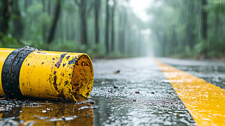 Rain on the road in the forest with yellow and black stripes.の写真素材