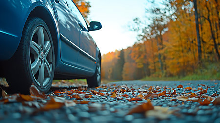 Car on the road in the autumn forest with fallen yellow leaves.の写真素材