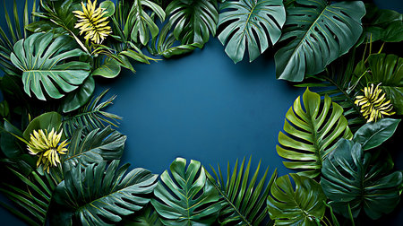 Tropical leaves on blue background with copy space, top viewの写真素材