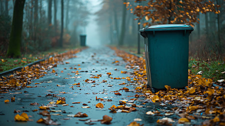 Trash can in a wet alley with fallen leaves in autumn.の写真素材