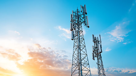 Telecommunication tower and blue sky with cloud at sunset background. Technology and communication concept.の写真素材