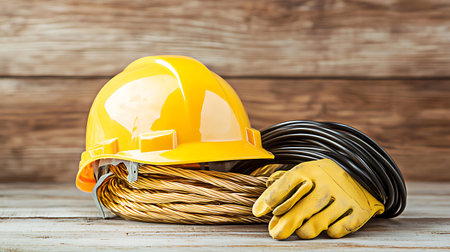 Yellow hard hat and safety gloves on wooden background. Construction concept.の写真素材