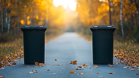 Two black garbage bins on the road in the autumn park with yellow leavesの写真素材