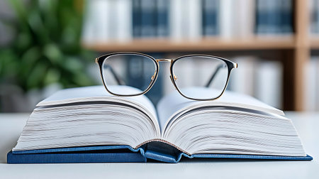 Glasses on an open book in the library, close-upの写真素材