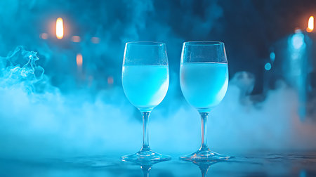 Two glasses of blue wine on a dark background with smoke and candlesの写真素材