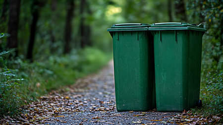 Two green garbage bins on the road in the forest with autumn leavesの写真素材