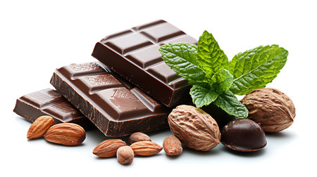 Pieces of dark chocolate, nuts and mint isolated on white backgroundの写真素材