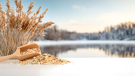 oatmeal grains in a wooden spoon on a background of a winter landscapeの写真素材