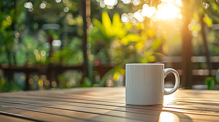 Coffee cup on wooden table in coffee shop with sunlight.の写真素材
