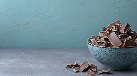 Pieces of dark chocolate in a bowl on a gray concrete backgroundの写真素材