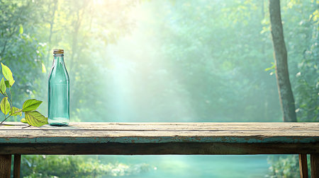 Empty wooden table with bottle of water on the background of green forestの写真素材
