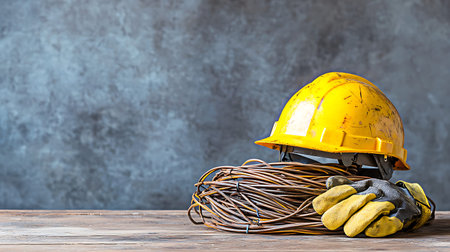 Yellow hard hat and safety gloves on wooden table. Copy space.