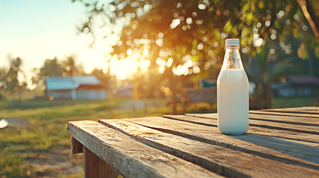 Bottle of milk on a wooden table in the garden at sunsetの写真素材