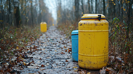 Two yellow and blue barrels in the autumn forest on a rainy dayの写真素材