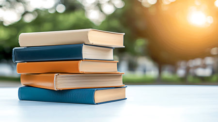 Stack of books on the table with sunlight background.の写真素材