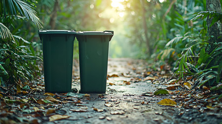 Trash can in the park with green leaves and sunlight background.の写真素材
