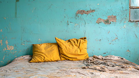 Yellow pillows on the bed in an old abandoned room with blue wallの写真素材