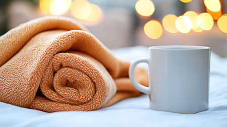 Cup of coffee and towel on the bed in the morning.の写真素材
