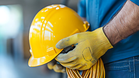 Close-up of construction worker hands holding yellow safety helmet and cables.の写真素材