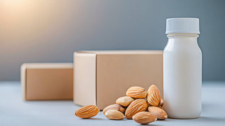 Almond milk in plastic bottle and box on grey background with copy spaceの写真素材