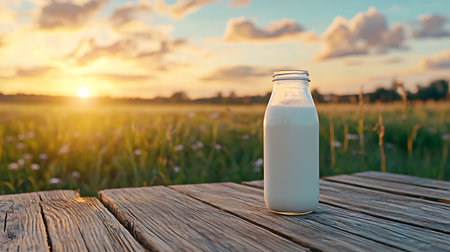 A bottle of milk on a wooden table in the field at sunsetの写真素材