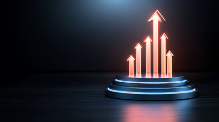 3d render of podium with rising arrow. Success and growth conceptの写真素材