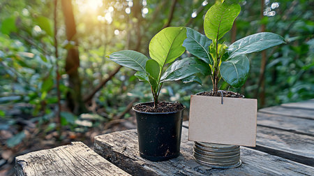 Plant in a pot with a blank paper label on a wooden tableの写真素材