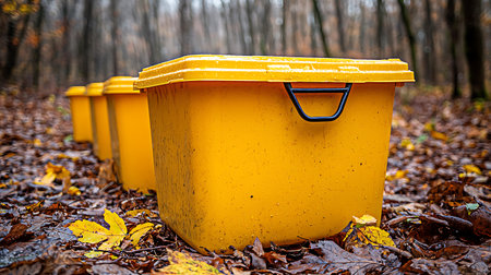 Yellow plastic waste bin in the autumn forest. Concept of environmental pollution.の写真素材