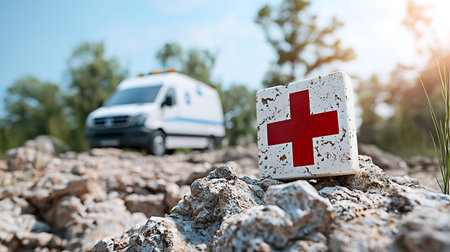 Switzerland flag on stone with ambulance in the background. Conceptual imageの写真素材