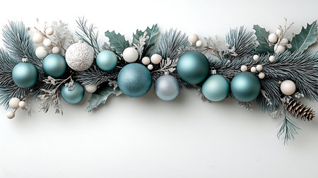 Christmas and New Year background with blue baubles and fir branchesの写真素材