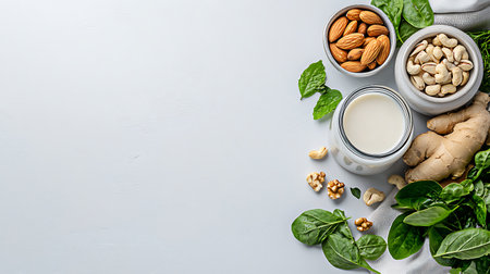 Balanced diet nutrition, healthy lifestyle concept. Assortment of nuts, herbs and milk.の写真素材