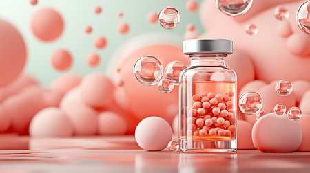 3d render of medical vial with red liquid and white ballsの写真素材