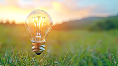 Light bulb on green grass at sunset background. Energy and idea conceptの写真素材