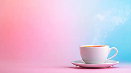 Cup of coffee on a pink and blue background with steam.の写真素材
