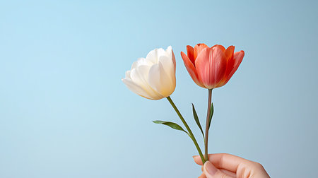 Female hand holding tulip flowers on blue background. Copy space.の写真素材