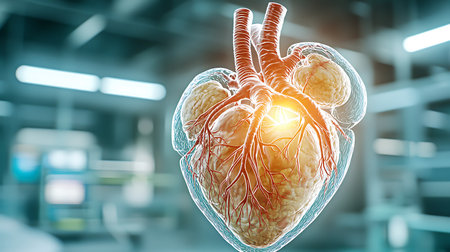 Human heart on blue background. 3d rendering toned image double exposureの写真素材