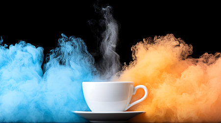 Coffee cup and colorful smoke on black background. Copy space.の写真素材