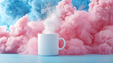 Cup of coffee or tea with pink clouds on blue background. 3d renderingの写真素材
