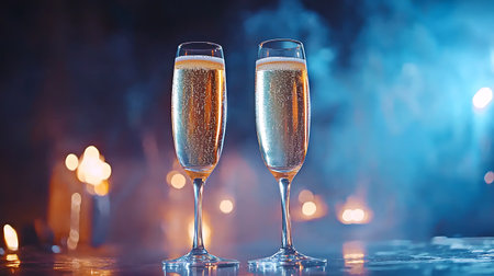 Two glasses of champagne on the background of a burning garland.の写真素材