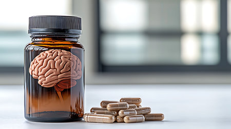 Medicine bottle with brain and pills on white table, closeupの写真素材